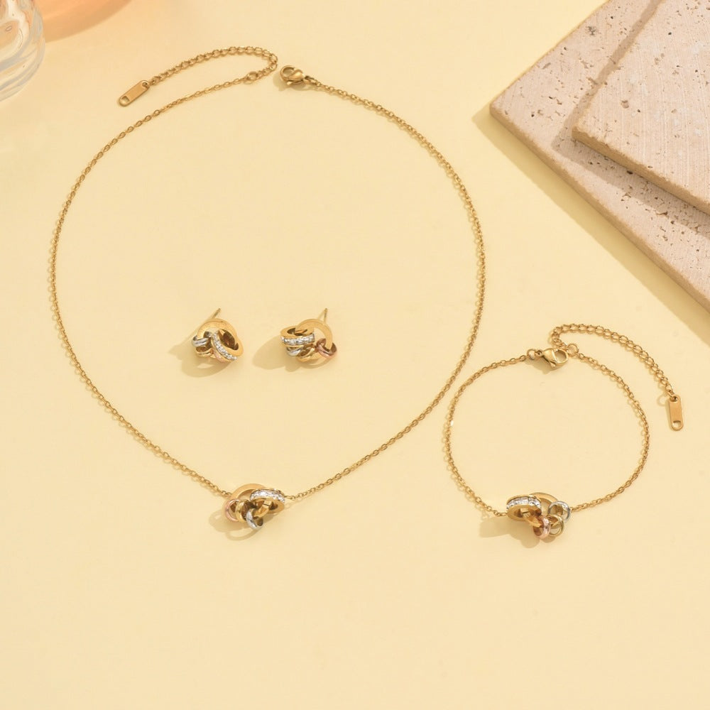Wholesale Stainless steel gold double ring linked artificial zircon necklace  bracelet  and earrings