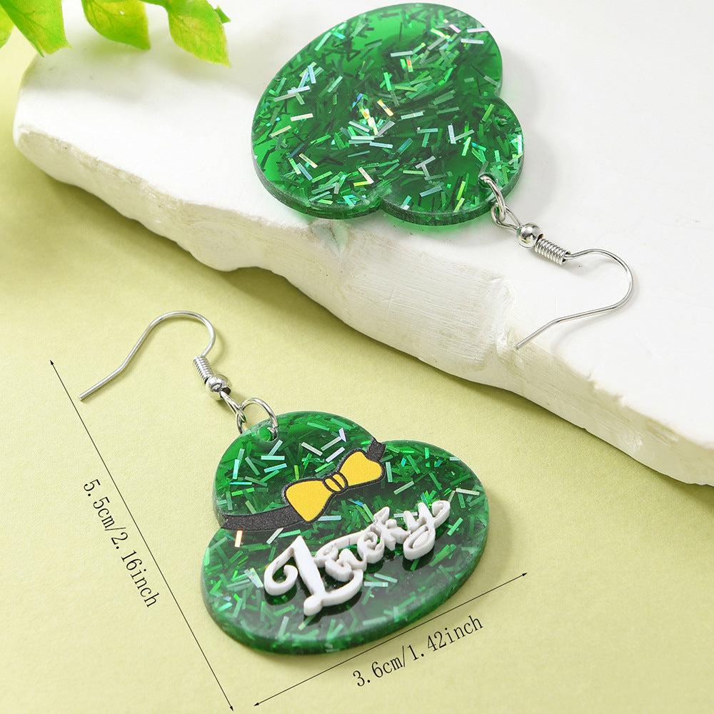 Wholesale St. Patrick's Day Green Hat Lucky Grass Clover Exaggerated Carnival Acrylic Double-Sided Earrings