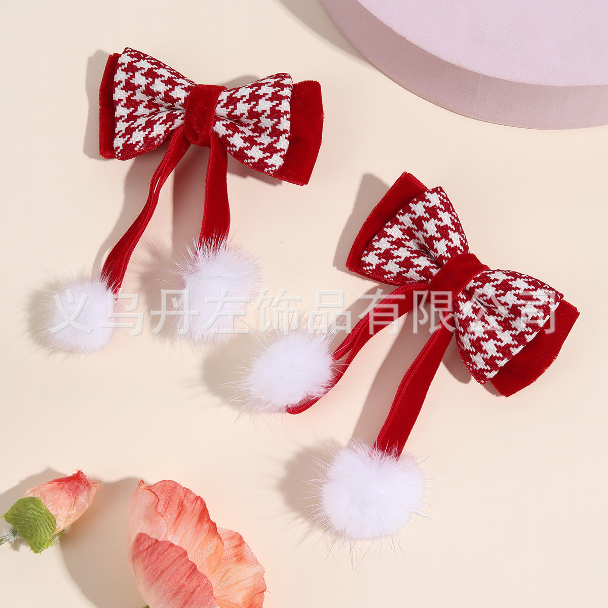 Wholesale 10pcs/pack New Year' s Big Red Vintage Houndstooth Hairpin Bow Ribbon