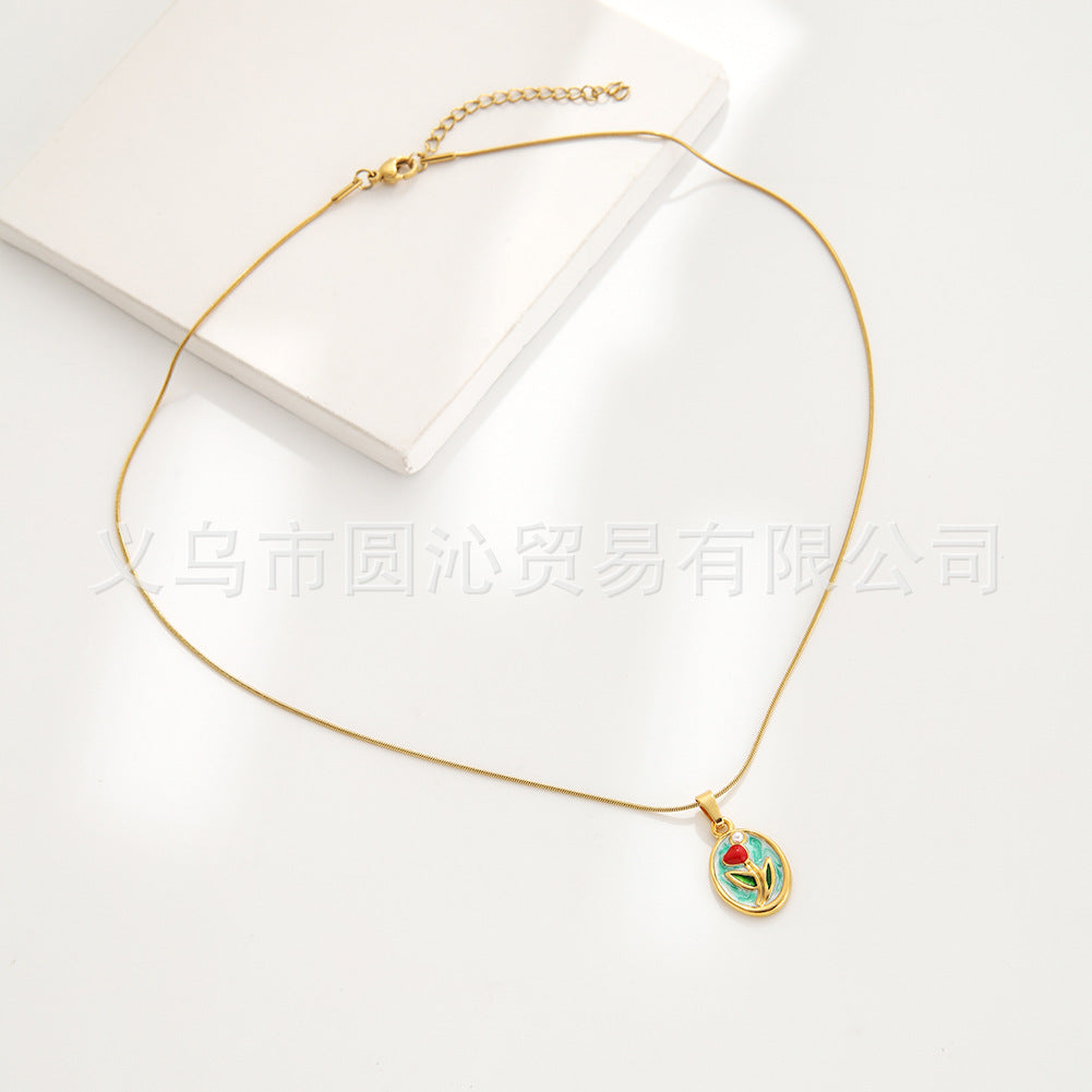 Wholesale Medieval Style Monet Oil Painting Flower Pendant Earrings Necklace Set