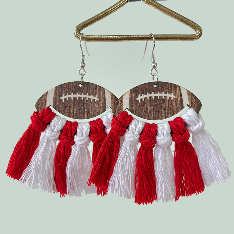 Wholesale 2 Pairs/pack Sports Woven Tassel Rugby Football Cheerleaders Wooden Drop Earrings