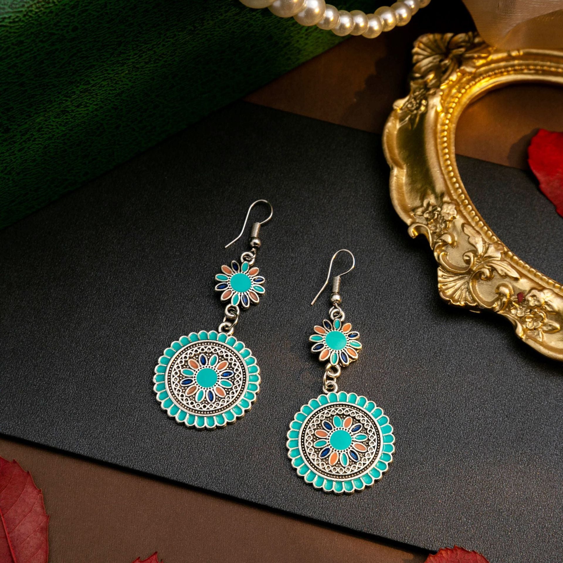 Wholesale Exaggerated Retro Bohemian Alloy Oil Dropping Round Sunflower Retro Ethnic Style Earrings