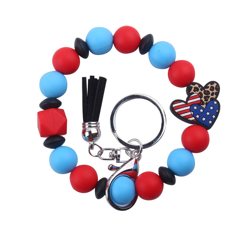 Wholesale Leather Tassel Independence Day Silicone Bead Bracelet Keychain
