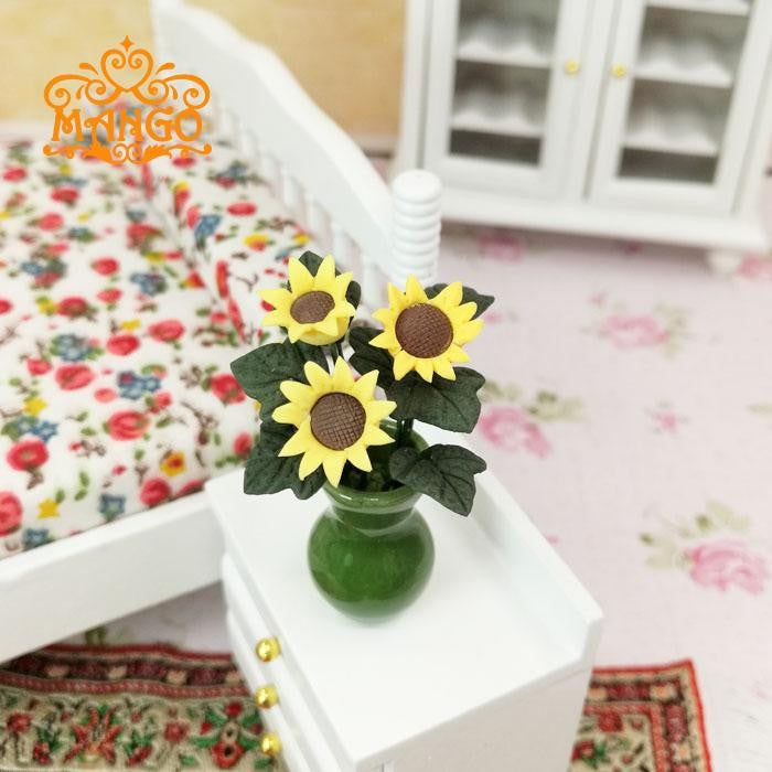 Wholesale 1:12 DOLLHOUSE DOLLHOUSE mini model green porcelain bottle sunflower flower arrangement pot