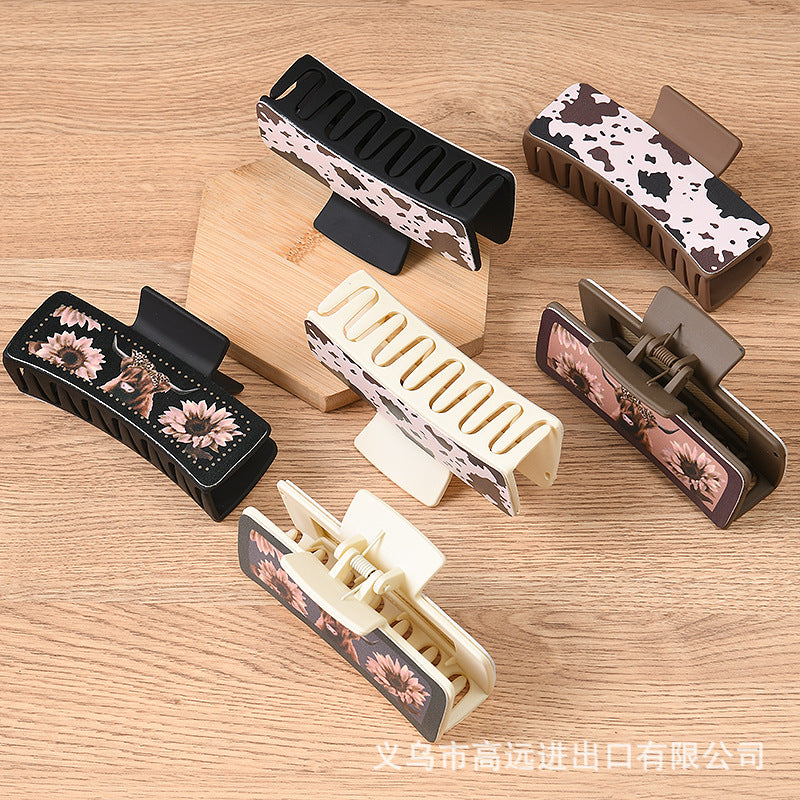 Wholesale Trendy PU Leather Square Shark Clip Hair Claw White Leopard Print Fashion Accessory Boutique Resale