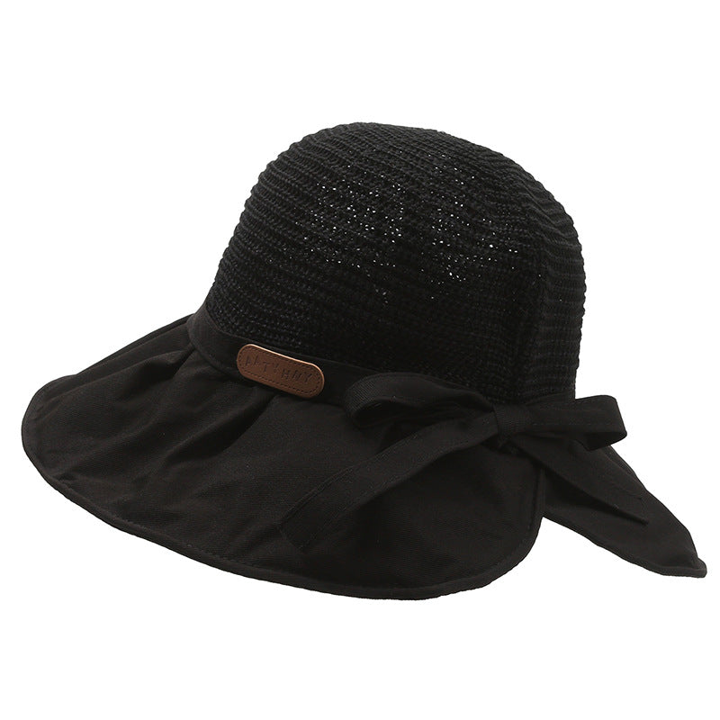 Wholesale Letter Logo Hollow Straw Knitted Large Brim Bucket Hat with Back Slit