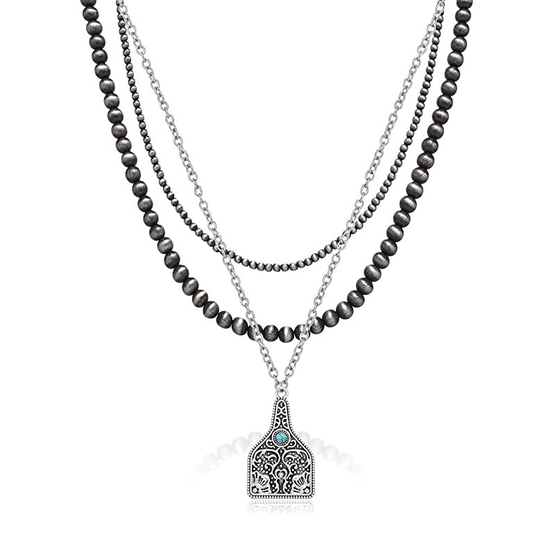 Wholesale Western Style Vintage Engraved Turquoise Pendant Multi-layered Necklace