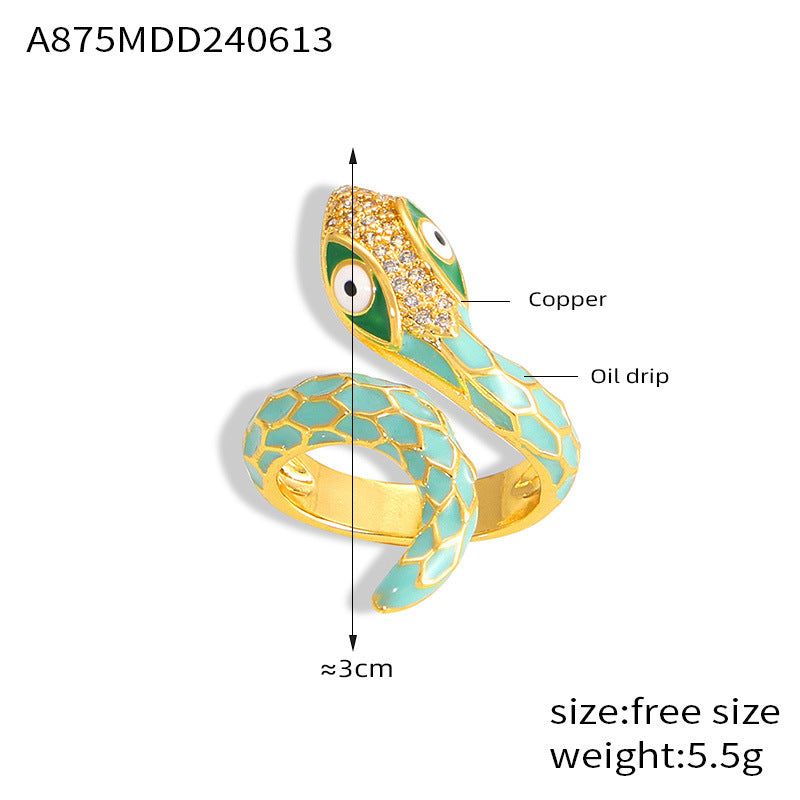 Wholesale  New All-match Color Oil Dripping Ins Wind Finger Ring Copper Gold Plated Diamond Three-dimensional Snake-shaped Winding Open Ring