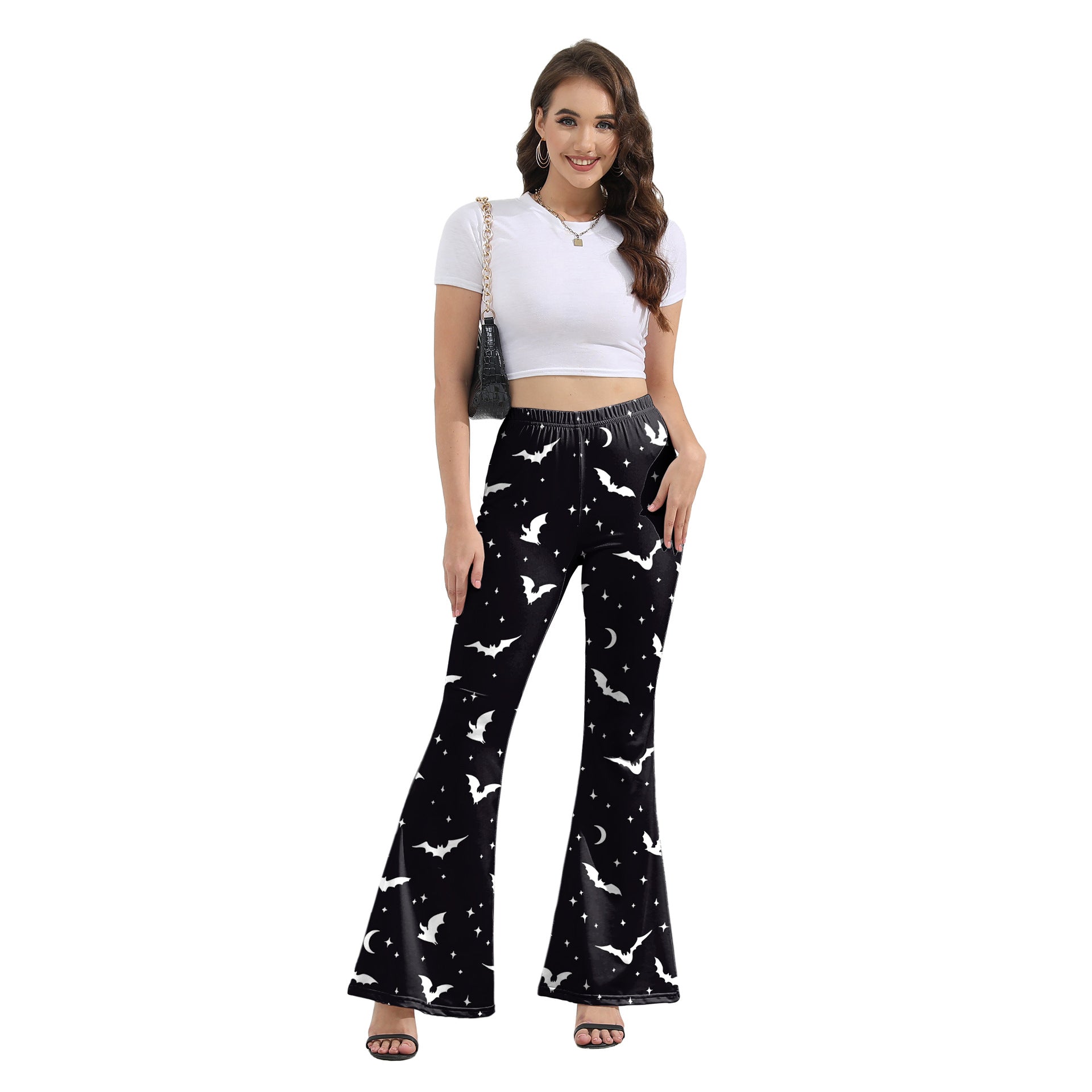 Wholesale Halloween Pumpkin Bat Digital Printing Fashion Flared Pants
