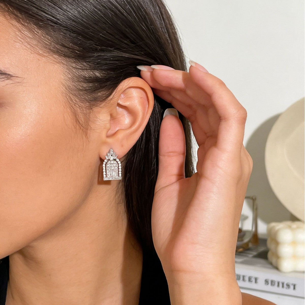 Wholesale Zircon Geometric Hollow Happiness Gate Earrings