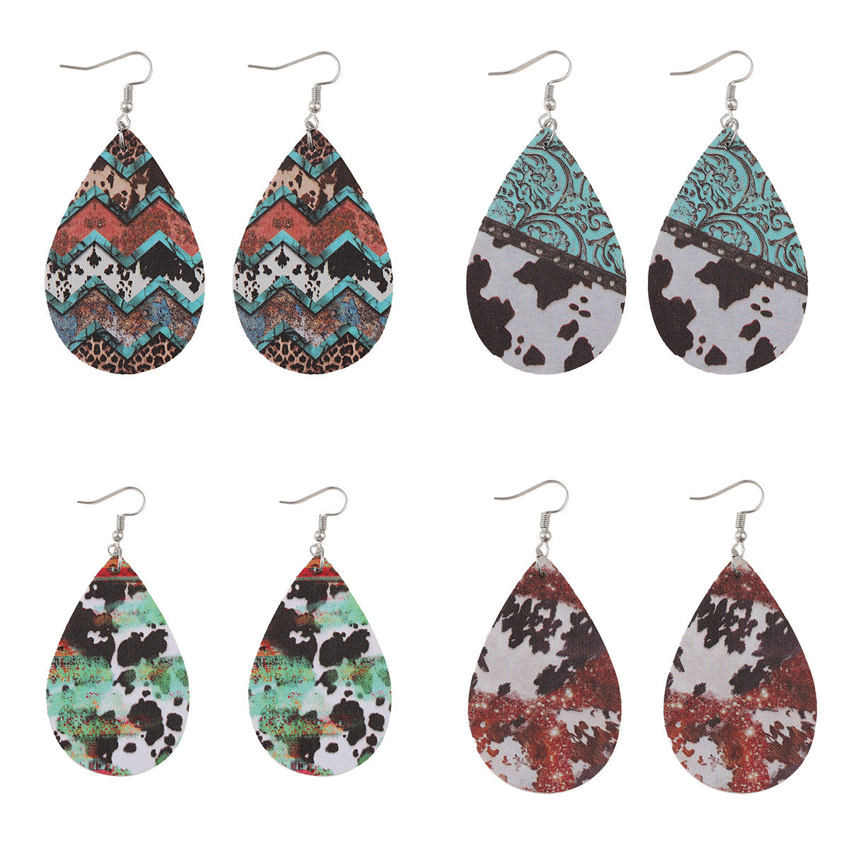 Wholesale Western-style leopard-print turquoise drop leather double-sided earrings
