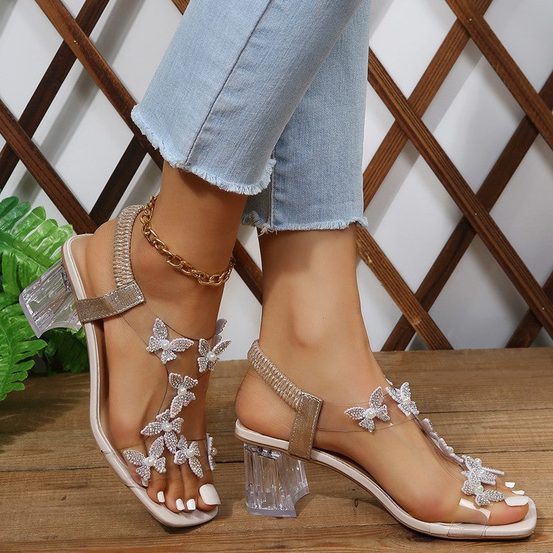 Wholesale Square Toe Elastic Band Butterfly Flower Crystal Heel Sandals