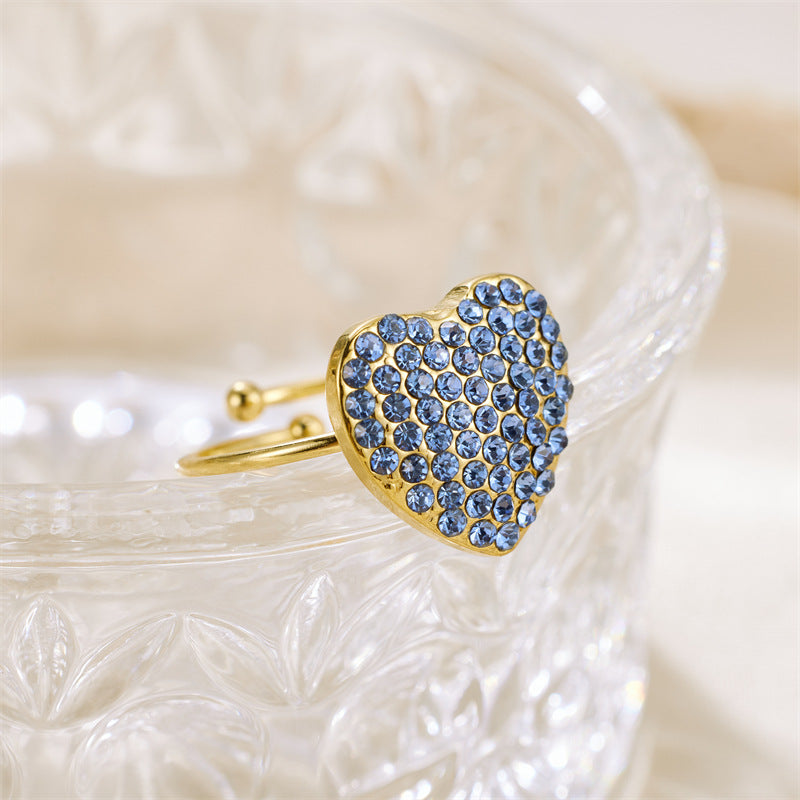 Wholesale Valentine's Day Stainless Steel Full Diamond Heart Zirconia Adjustable Ring