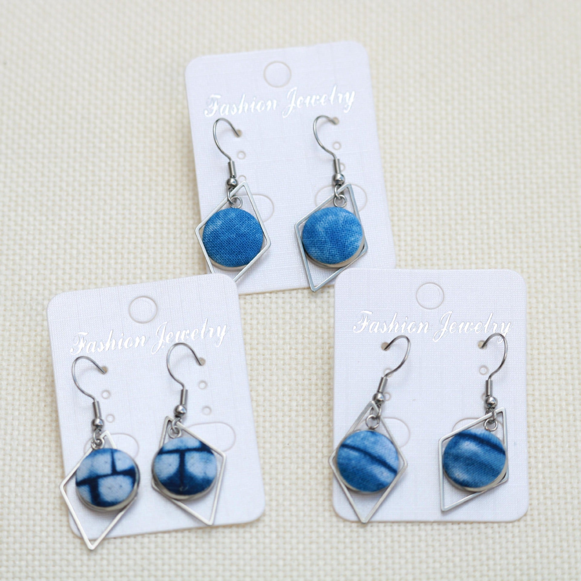 Wholesale Ethnic Style Earrings Tie-Dye Blue Dye Batik Hand-Woven Fabric Buckle Earrings Earrings