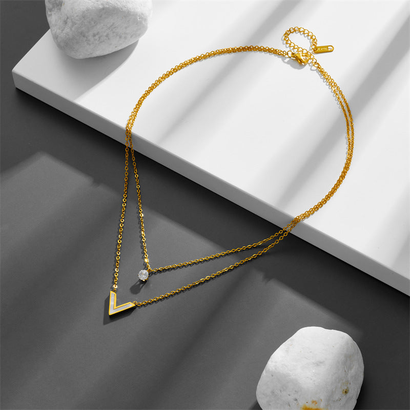 Wholesale Titanium Steel Double Layer Stacked V-shaped Diamond Necklace Clavicle Chain