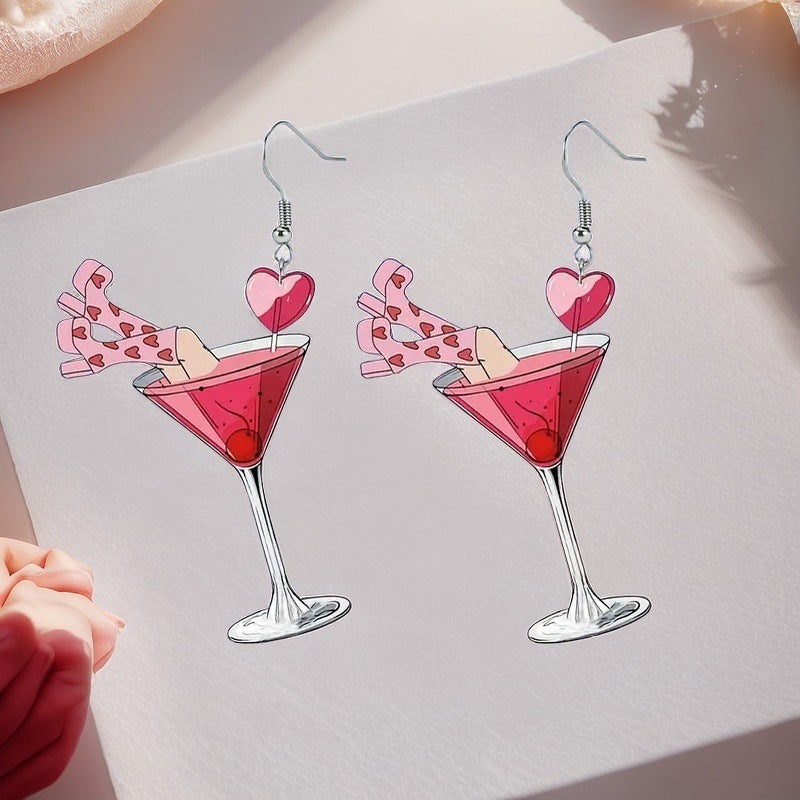 Wholesale Valentine's Day Limited Pink Heart Wine Glass Acrylic Party Creative Design Earrings