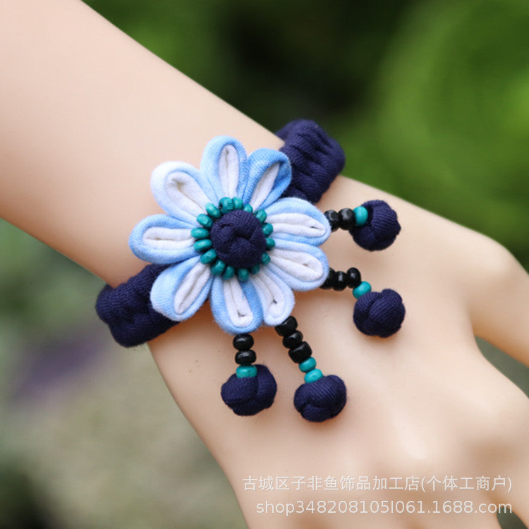 Wholesale Ethnic Style Tie-dye Hand-sewn Fabric Blue Dyed Blue Cloth Bracelet Jewelry