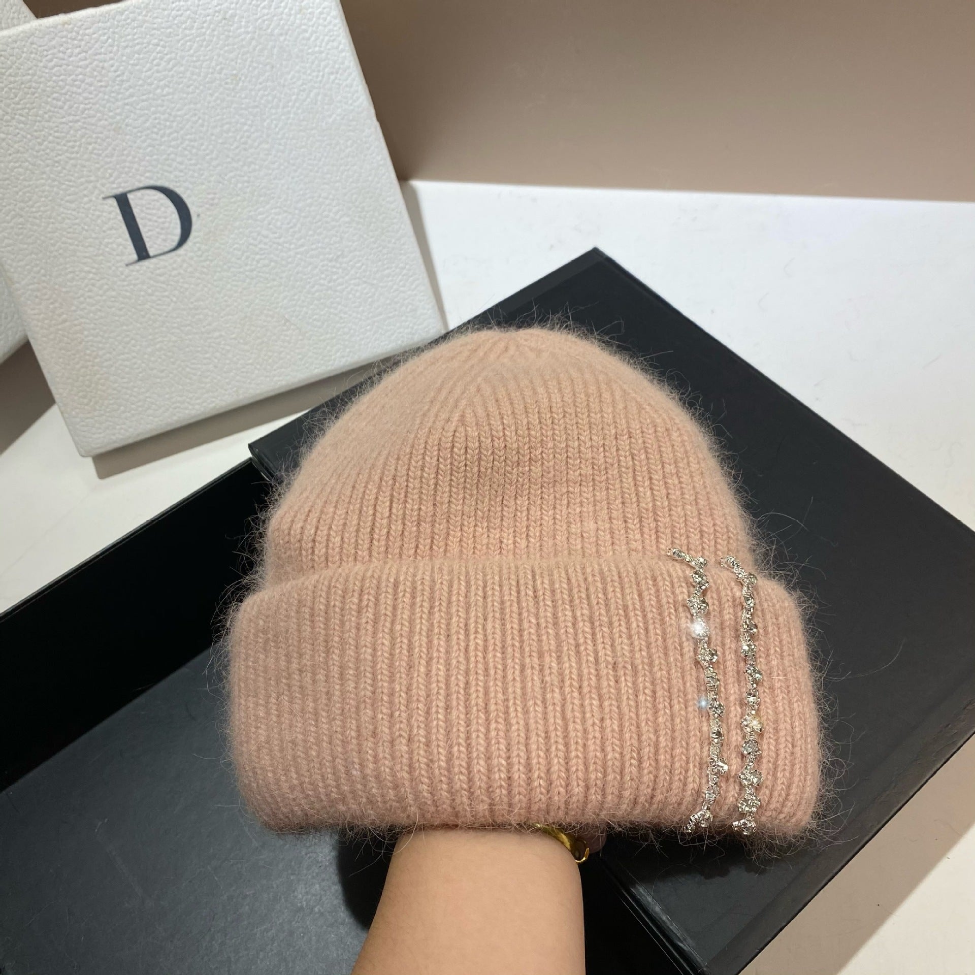 Wholesale Long Rabbit Fur Bi-fold Knitted Rhinestone Beanie