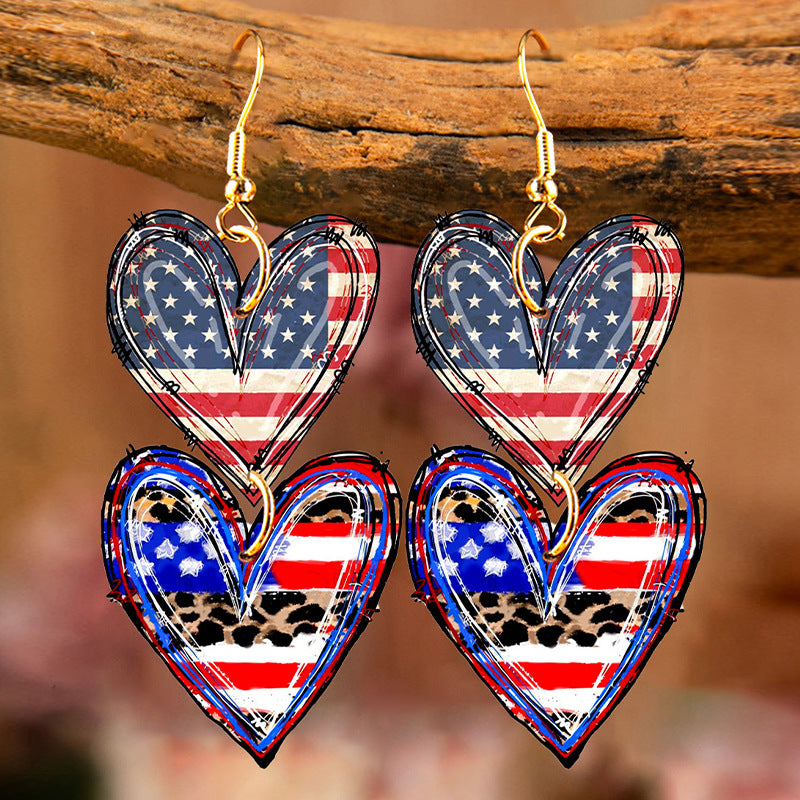 Wholesale Independence Day Pentagram Double Heart Leather Earrings