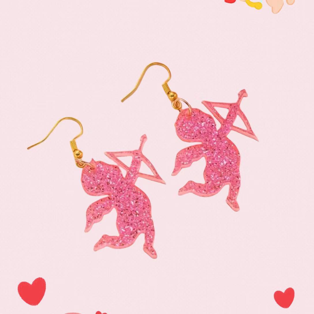 Wholesale Sparkling Pink Cupid Letter LOVE Bow Earrings
