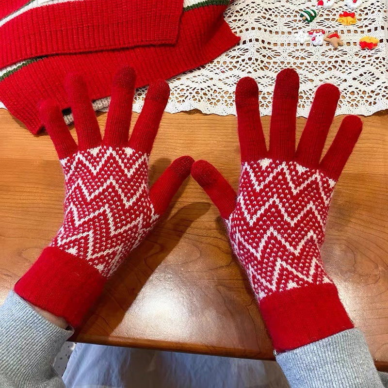 Wholesale All-match Red Knitted Five-finger Thick Warm Cycling Writing Touch Screen Wool Gloves