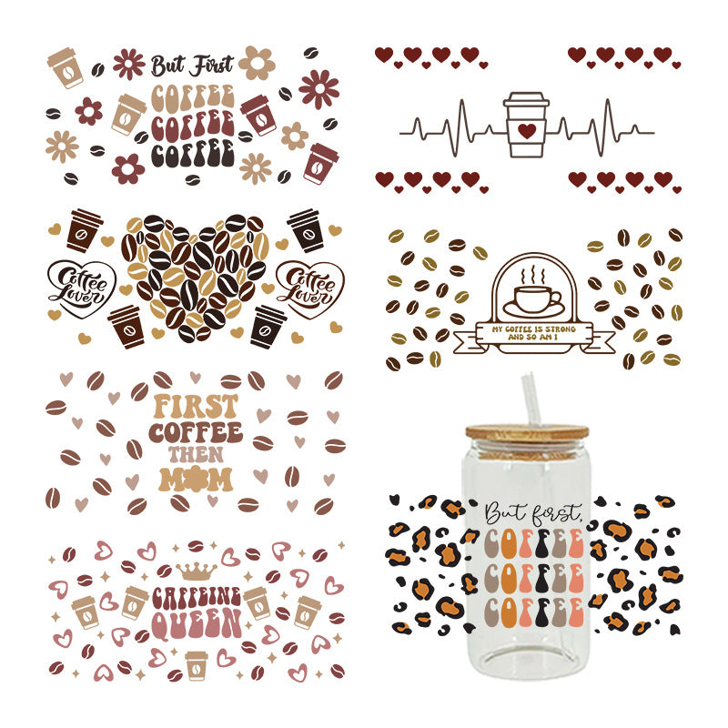 Wholesale Brown Cartoon Cute Coffee Theme 16oz Cup UV DTF Wraps