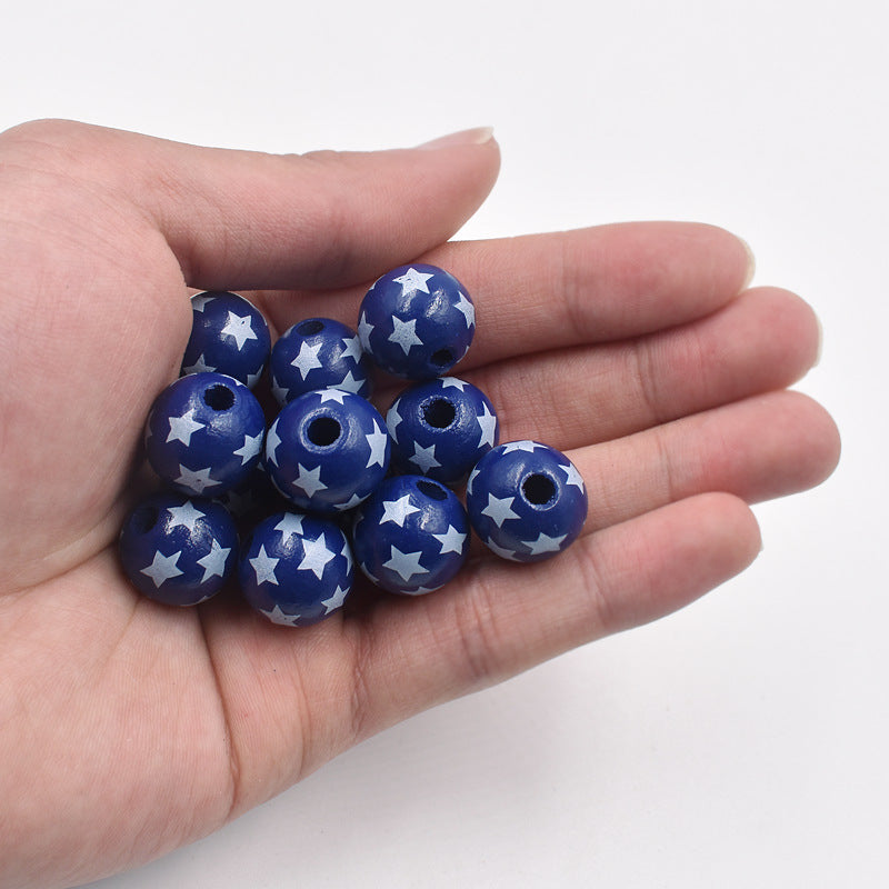 Wholesale Printed Pentagram Independence Day Wooden Beads