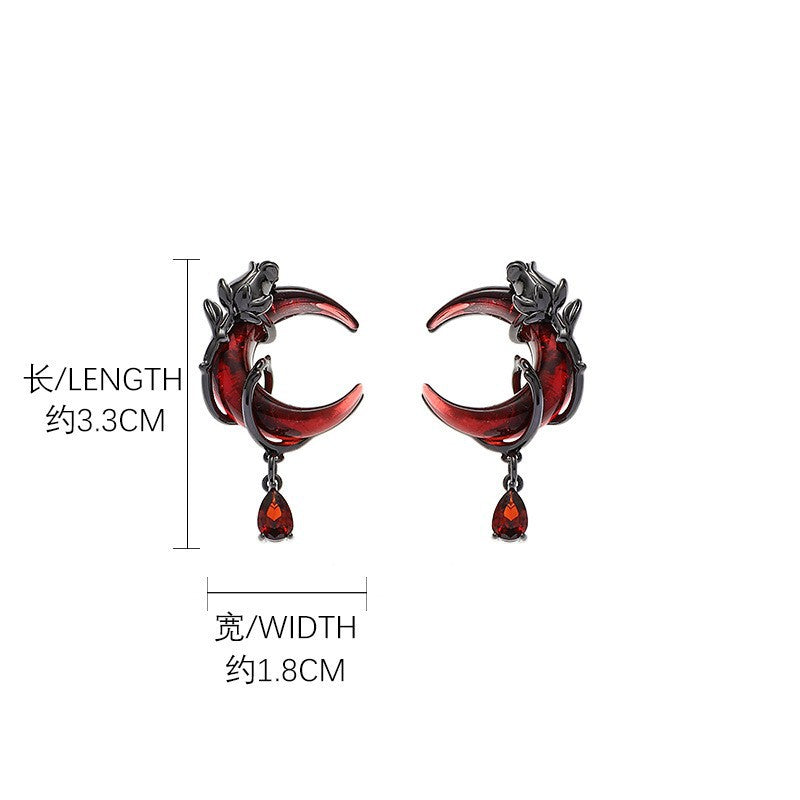 Wholesale Rose Red Crescent Asymmetric Retro Design New Chinese Style Earrings