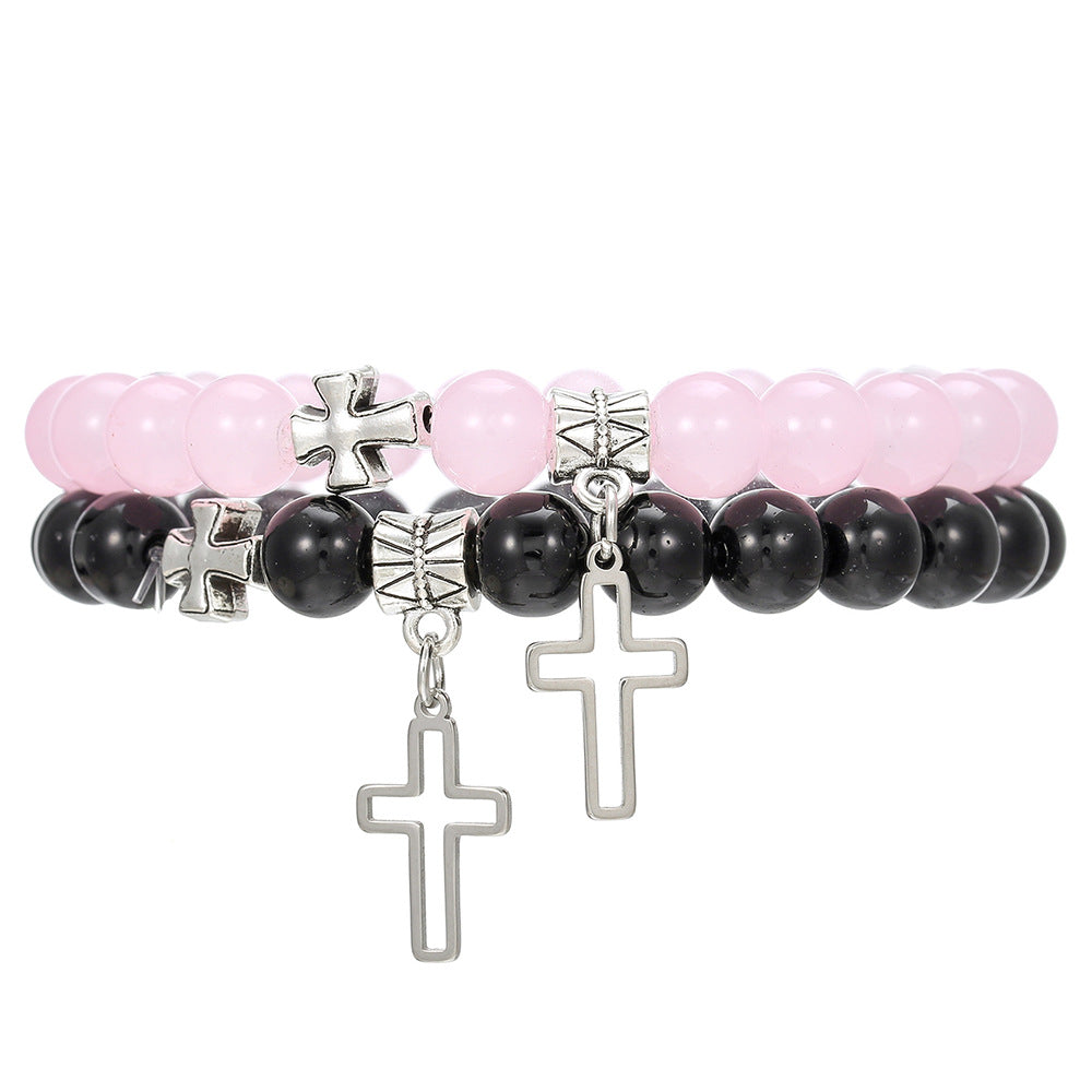 Wholesale Cross Pendant Black Onyx Imitation Pearl Beaded Bracelet