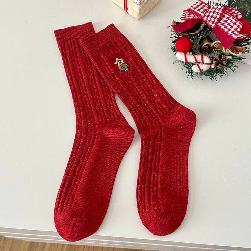 Wholesale Mid Tube Autumn and Winter Fried Dough Twists Pattern Christmas Socks Snowman Embroidery Versatile Socks