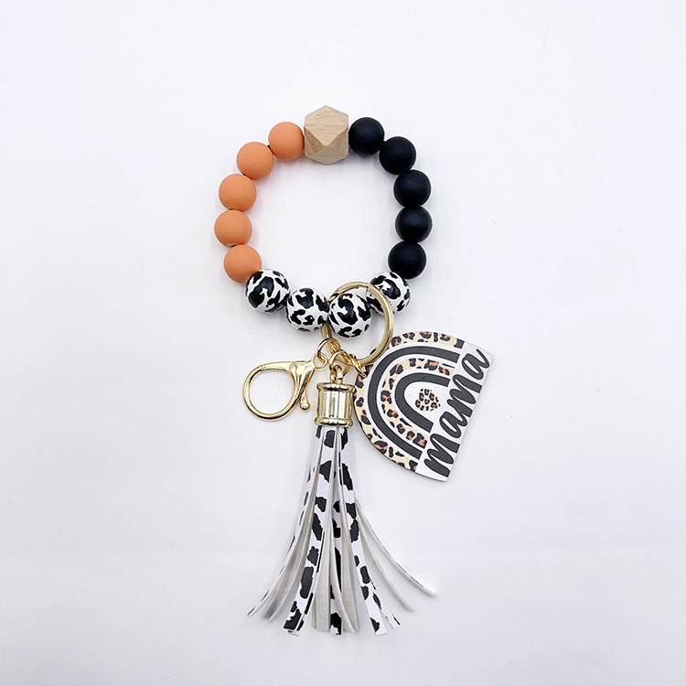 Wholesale Lacquer Round Beads Cow Pattern Wooden Beads Rainbow Wooden Sign Tassel Bracelet Keychain