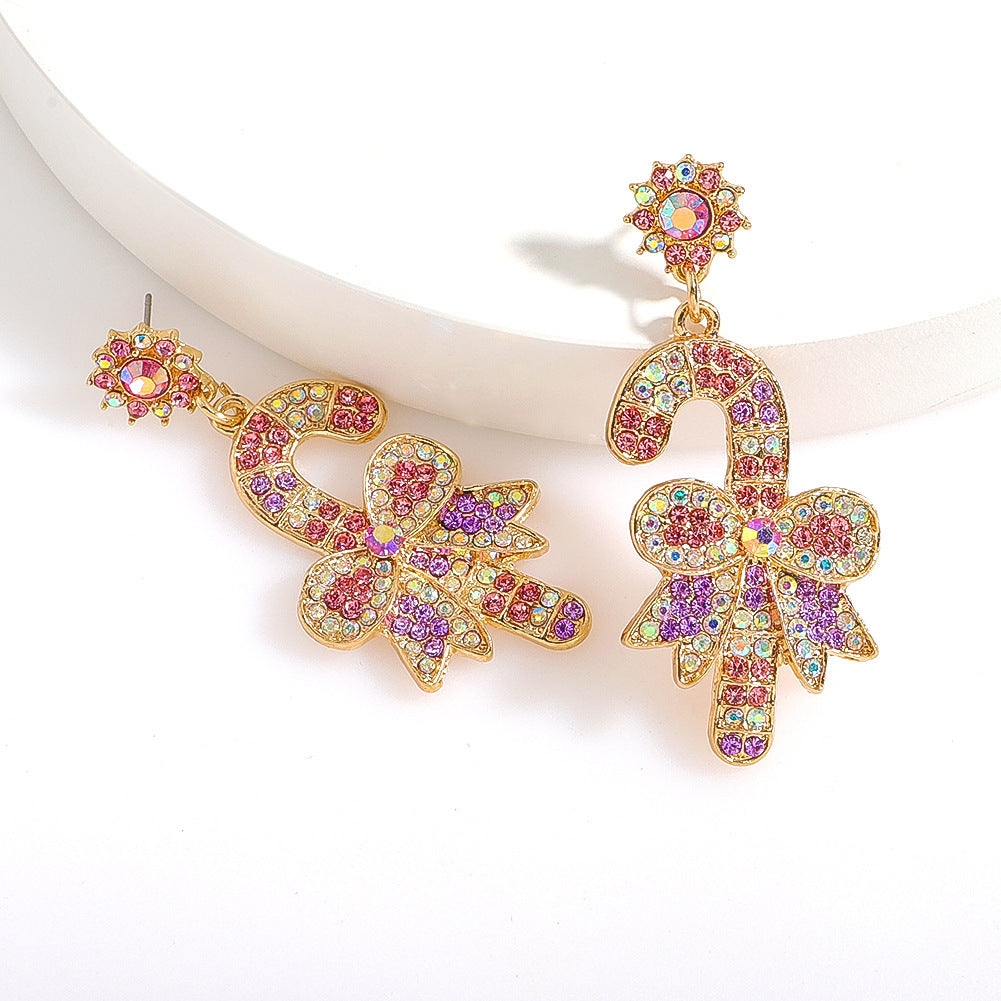 Wholesale Christmas Walking Stick Alloy Diamond and Rice Bead Earrings