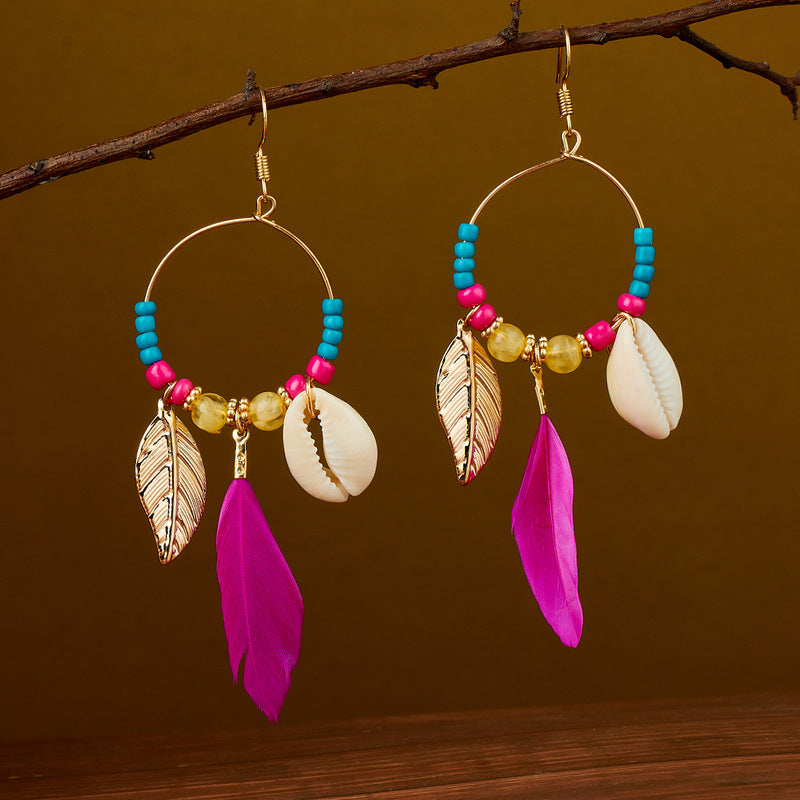 Wholesale Ethnic retro long multi-color holiday feather beaded circle earrings
