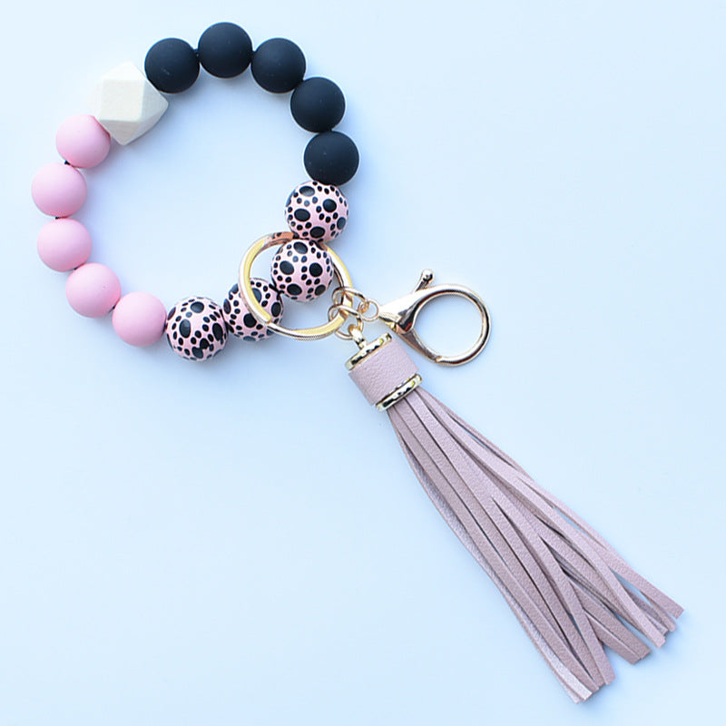 Wholesale Colorful leopard print silicone beaded bracelet keychain PU tassel pendant