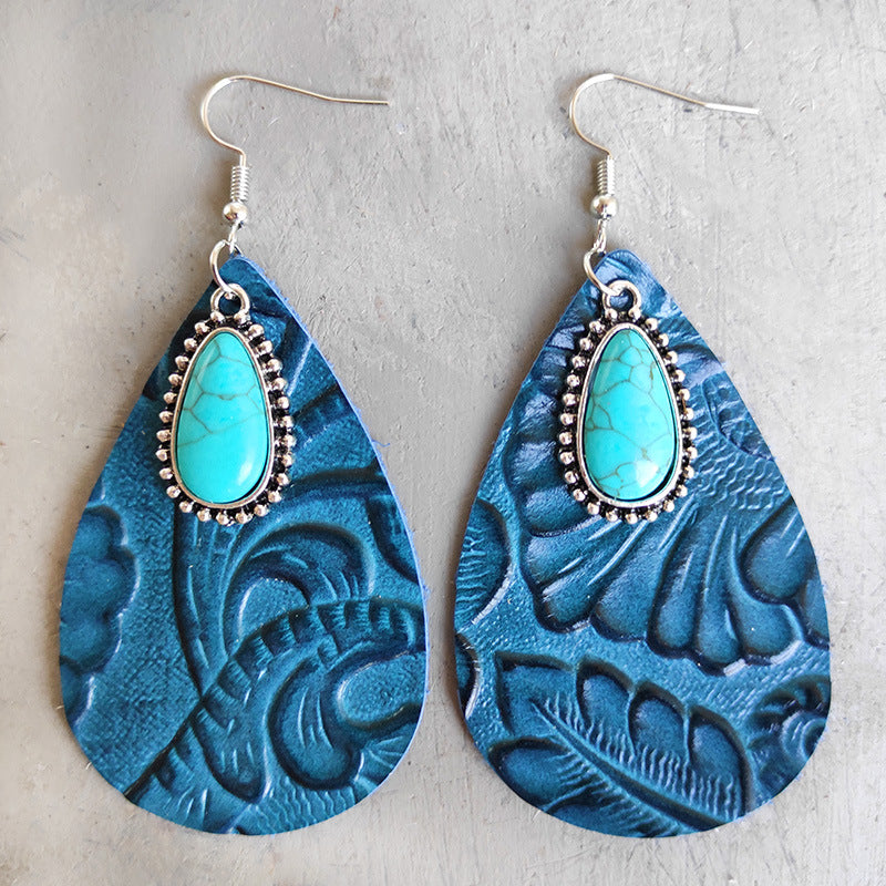 Wholesale Western Style Teardrop Turquoise Leather Earrings Fashion Jewelry Accessory Gift