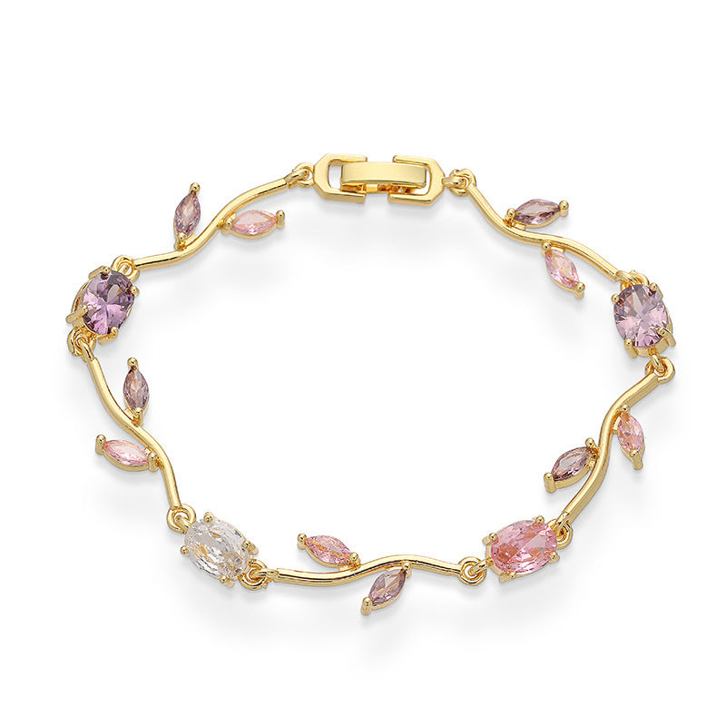 Wholesale Copper Inlaid with Colored Diamonds Leaves and Petals Bracelet