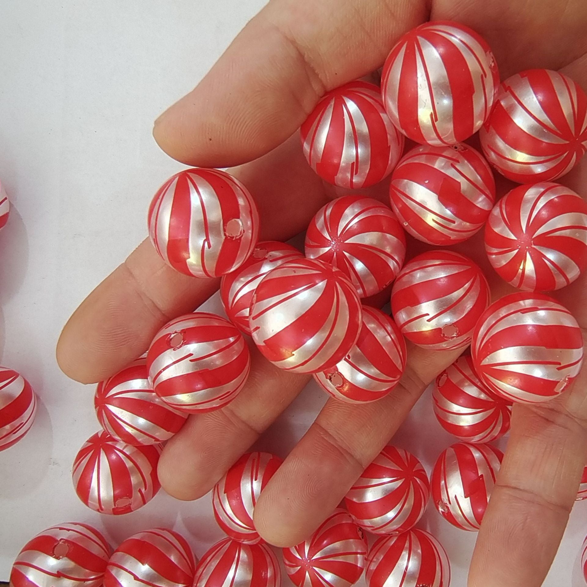 Wholesale 5pcs 20mm Acrylic Christmas Red Lollipop Printed Beads