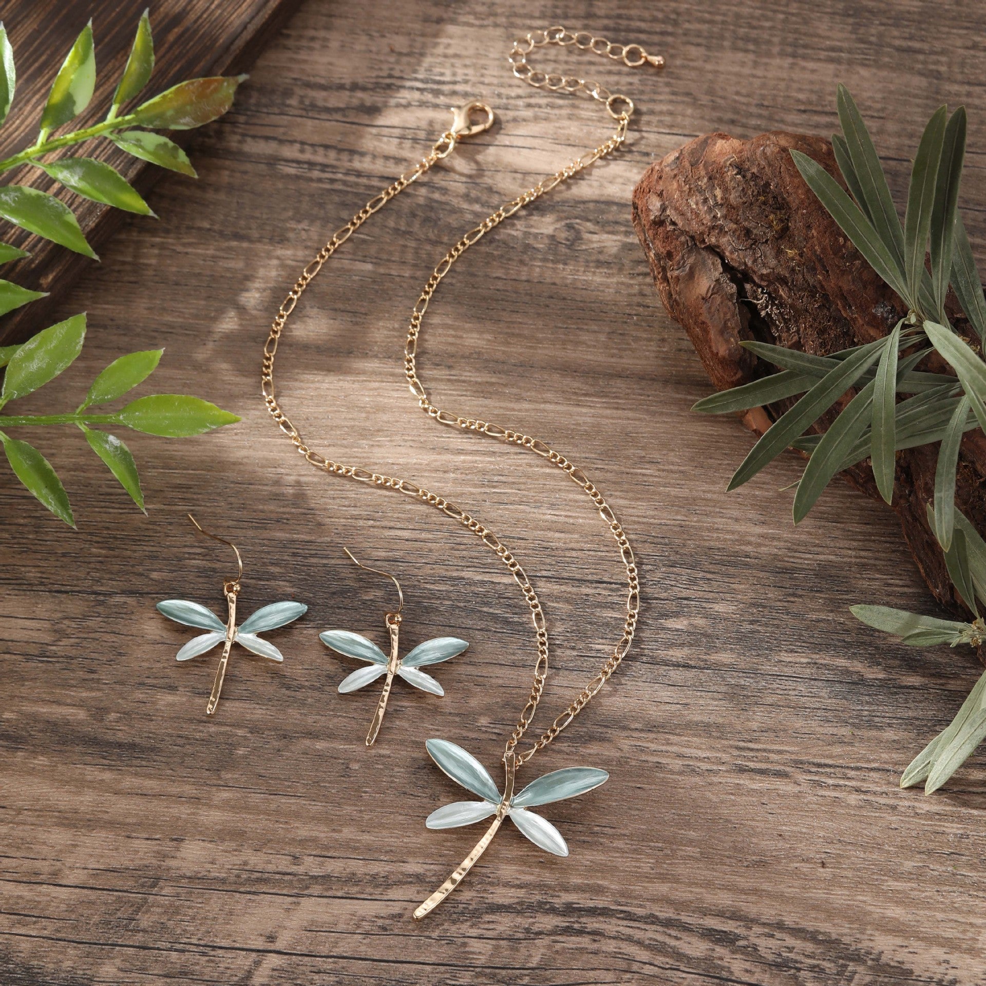 Wholesale 2pcs New Colorful Painting Oil Dragonfly Stud Earring Pendant Beautiful and Versatile Necklace Set