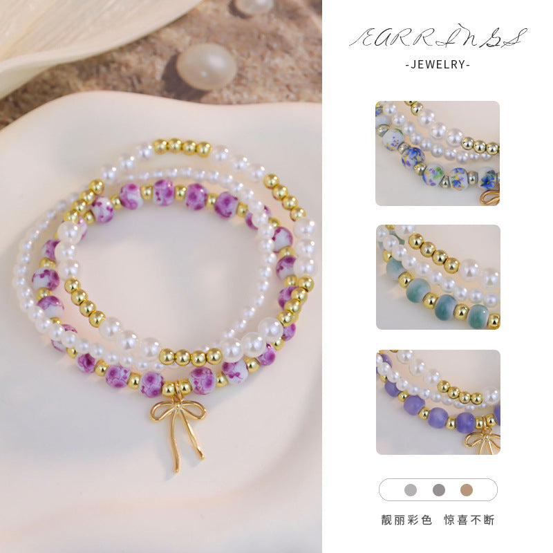 Wholesale Bohemian Blue and White Porcelain Bow Layered Bracelet Set