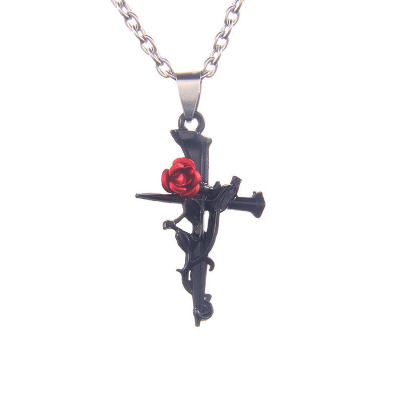 Wholesale gothic red rose cross vintage stainless steel necklace