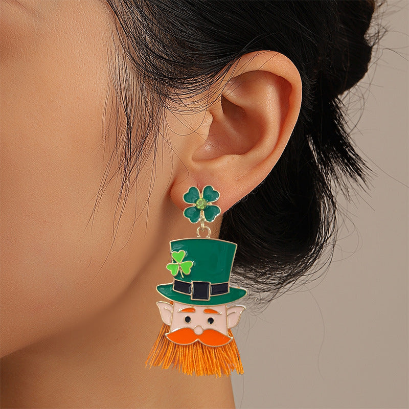 Wholesale St. Patrick's Carnival Four-leaf Clover Head Tassel Earrings Alloy Oil Drop Irish Hat Earrings