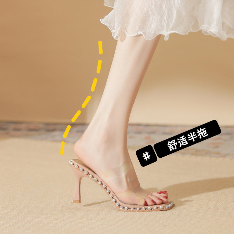 Wholesale square head slippers women's summer wear transparent one-word high-heeled sandals