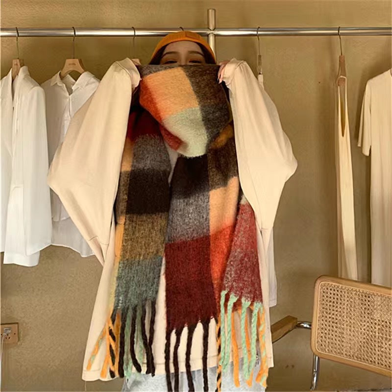 Wholesale Autumn and Winter Hoop Yarn Rainbow Plaid Warm Scarf