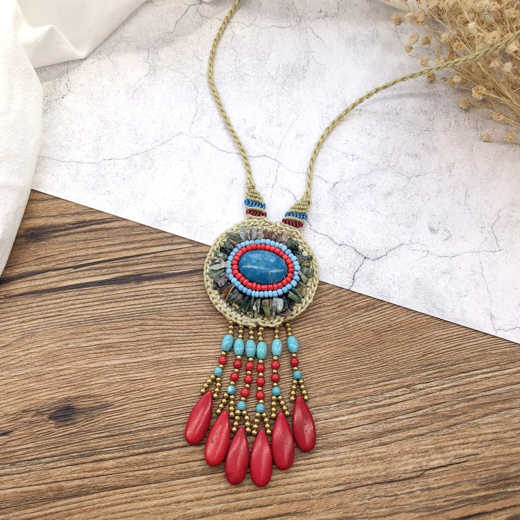 Wholesale Handmade Bohemian Vintage Natural Gravel Tassel Braided Necklace