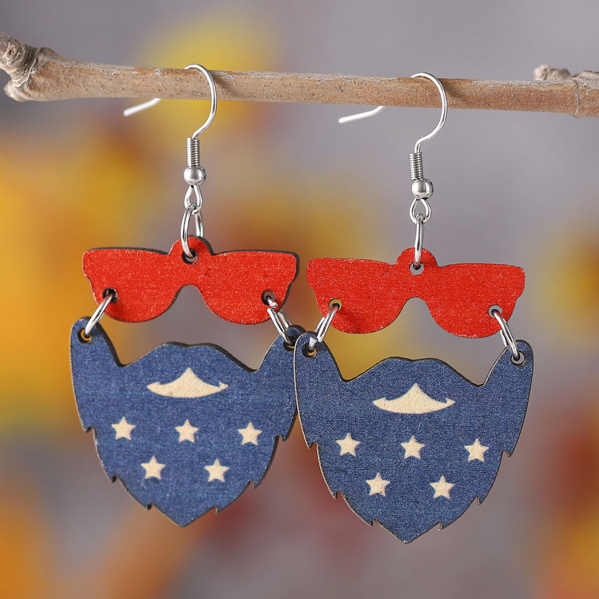 Wholesale Independence Day red White Blue Flag Color Love star wooden earrings