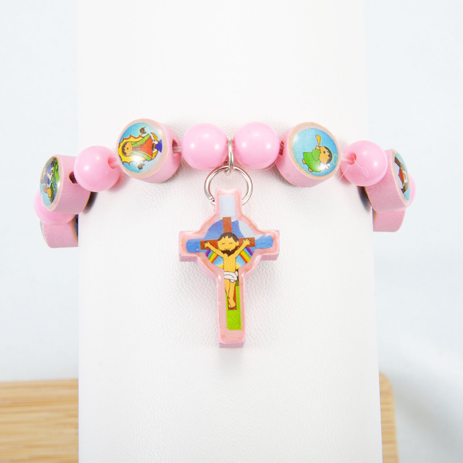 Wholesale Acrylic bracelet with pink and blue cross rosary