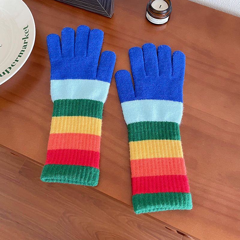 Wholesale Rainbow Stripe Knitted Wool Open Finger Touchable Screen Riding Warm Split Finger Gloves