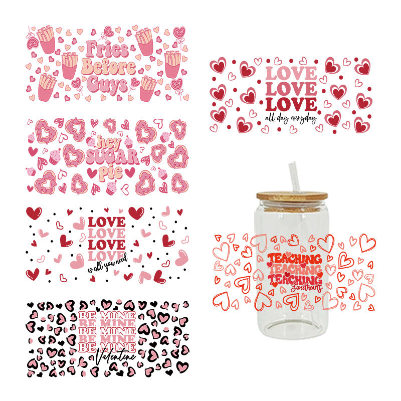 Wholesale Cartoon Cute Pink Valentine' s Day Heart 16oz Cup UV DTF Wraps