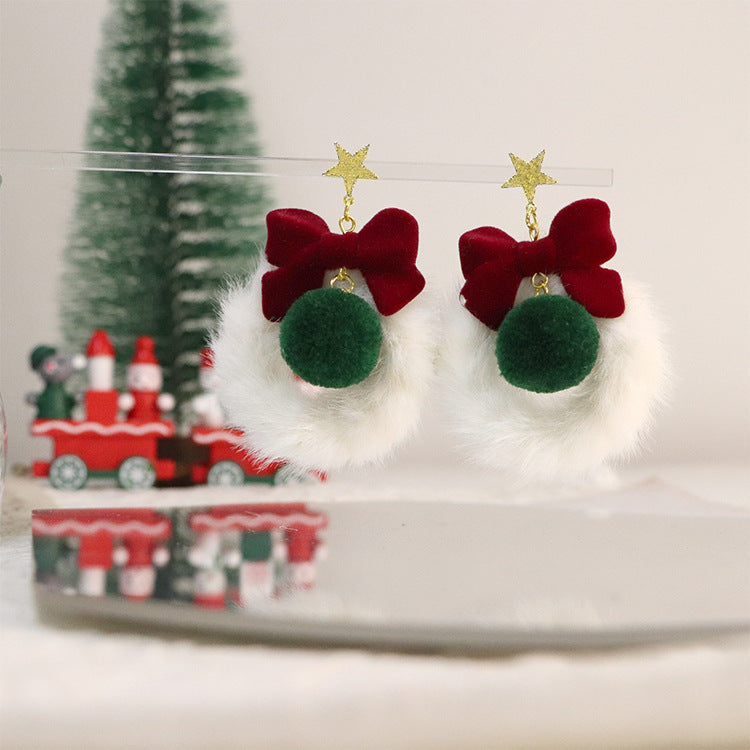 Wholesale Christmas Round Bow Garland Fur Ball Earrings