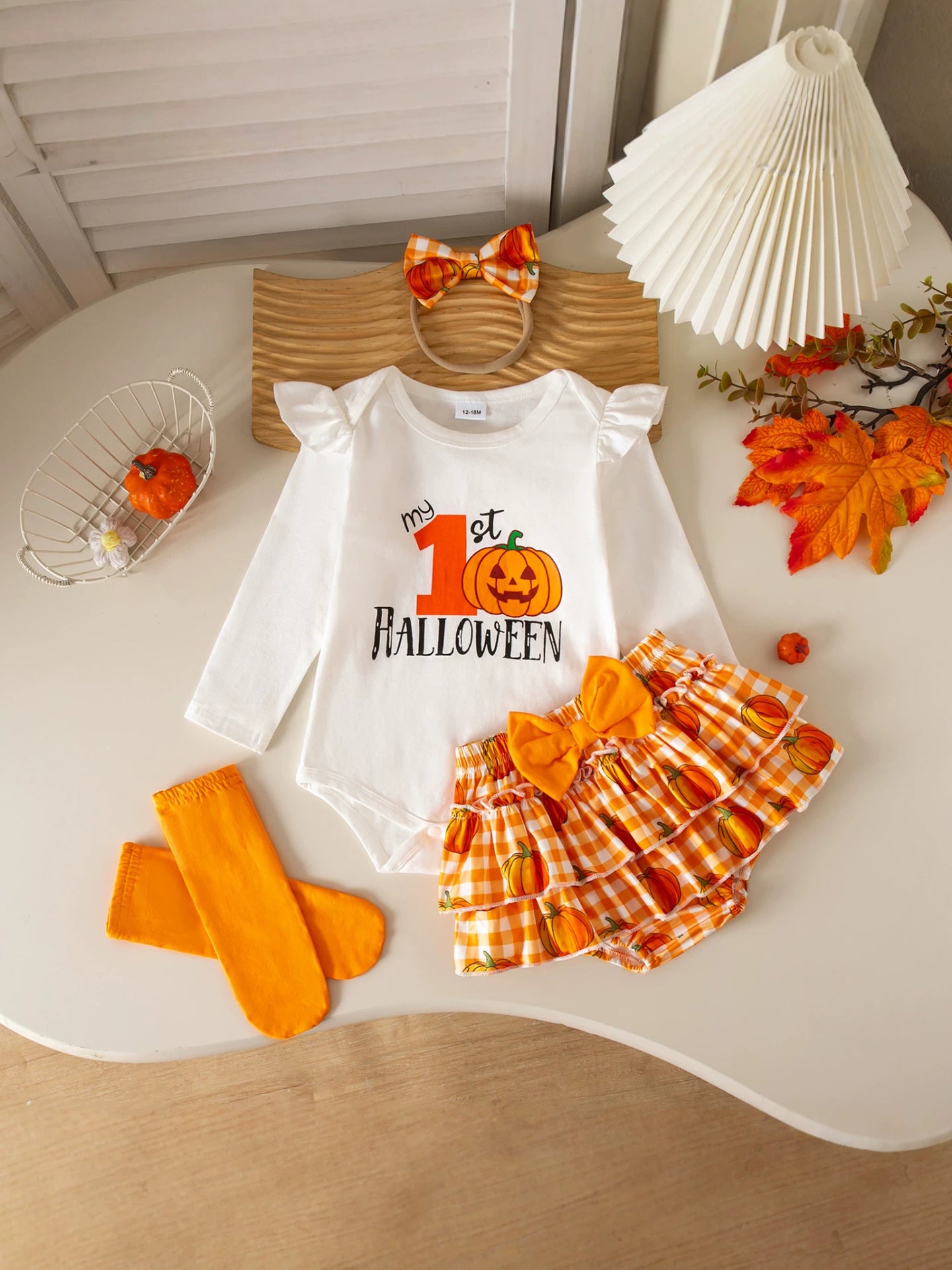 Wholesale  3 Piece Outfit Set Long Sleeve Pumpkin Bat Pattern Romper With Pants And Headband Cute Party Outfit For Ages 1 3